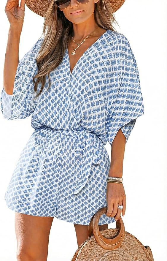 CUPSHE Women's Summer Romper Lace Up Printed Half Sleeves Casual Wide leg Vacation Outfit Mini On... | Amazon (US)