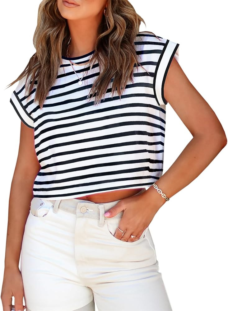 Tankaneo Womens Short Sleeve Cropped T-Shirts Summer Rolled Dolman Sleeve Crop Tops Casual Round ... | Amazon (US)