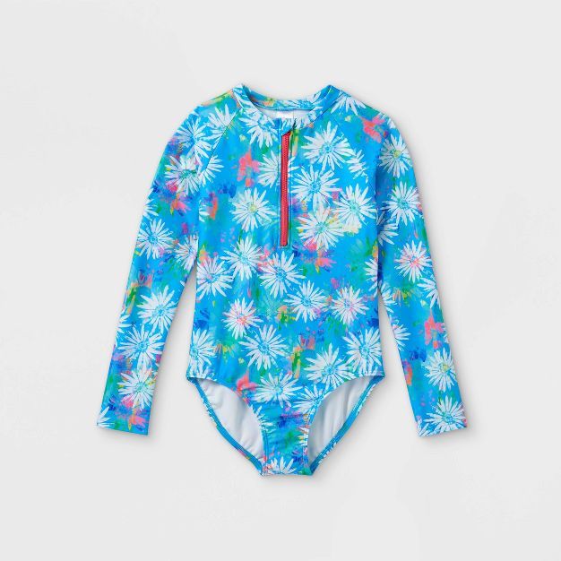 Girls' Flower Print Zip-Front Long Sleeve One Piece Rash Guard - Cat & Jack™ Blue | Target