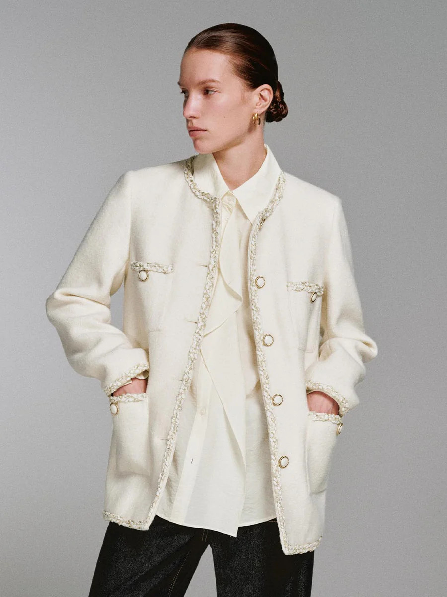 Wool Blend Raw Hem Patch Pocket Tweed Jackets | Urban Revivo