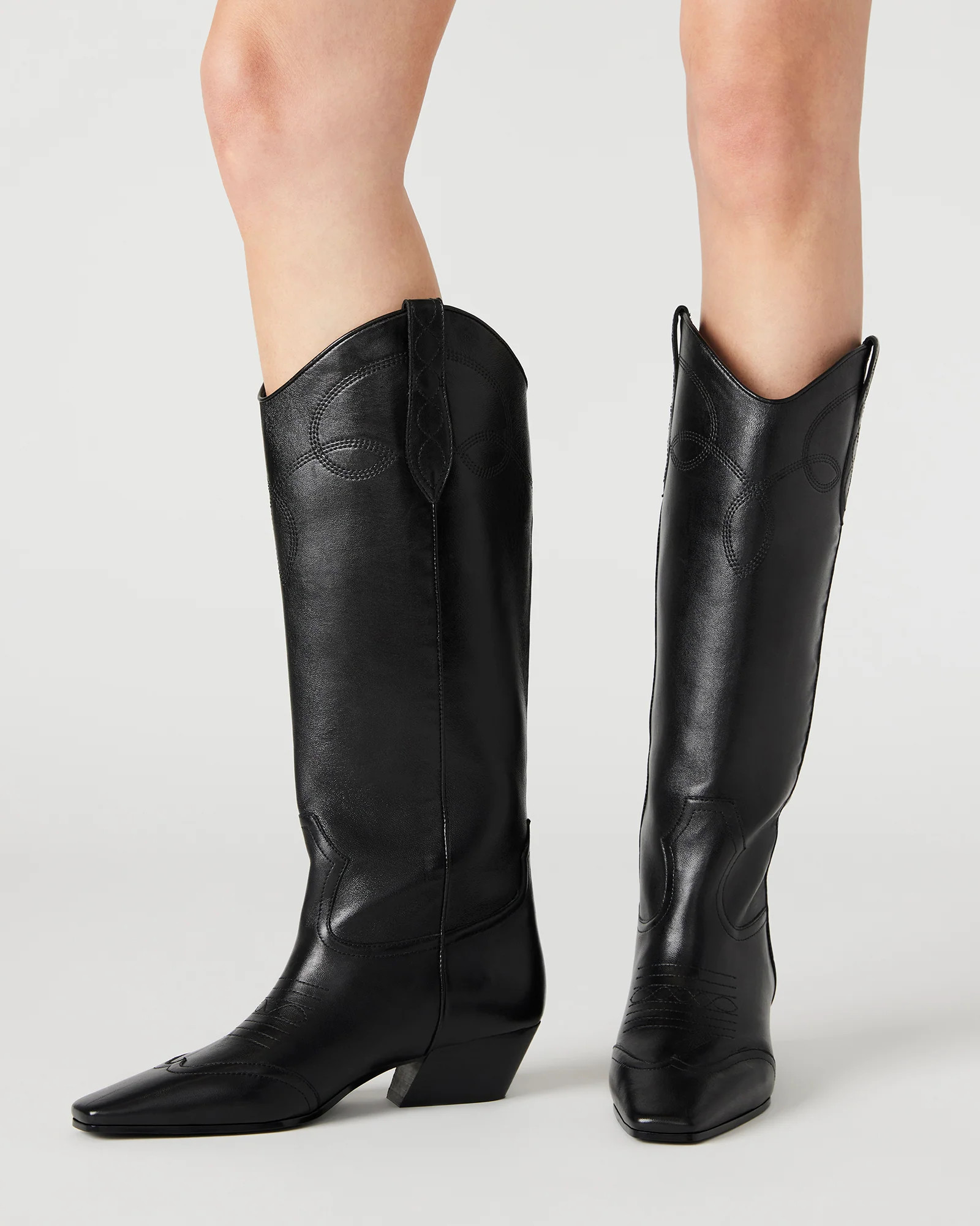DOLLIE Black Leather Knee-High Cowboy Boots | Women's Designer Boots | Steve Madden (Canada)
