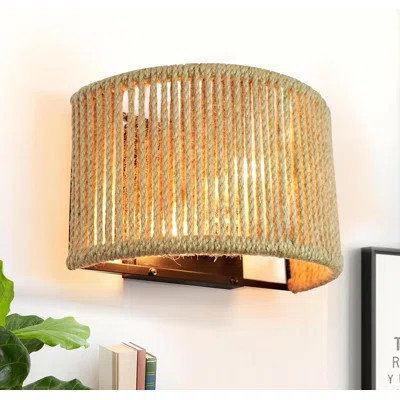 Bohemian Rattan Wall Sconce With Hemp Rope, Hand-Woven Twine Shade & Black Metal Frame, E12 Base, 9.6" Diameter, For Living Room, Bedroom, Entryway | Wayfair North America