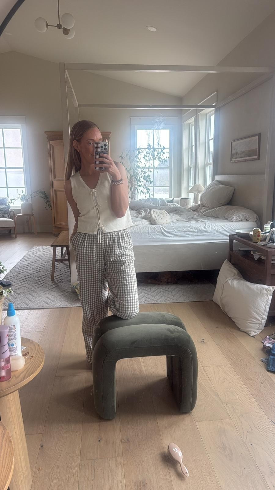These gingham pants!! They're so good. Paired it with a sweater vest I grabbed from Smith's Marketplace. Couldn't get a link for it, but I linked a couple that are very similar.  

 #LTKdayinmylife #LTKootd