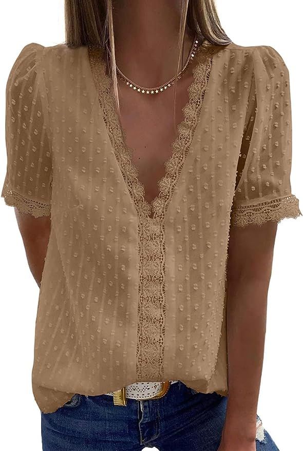 Dokotoo Women's V Neck Lace Crochet Tunic Tops Flowy Casual Blouses Shirts | Amazon (US)