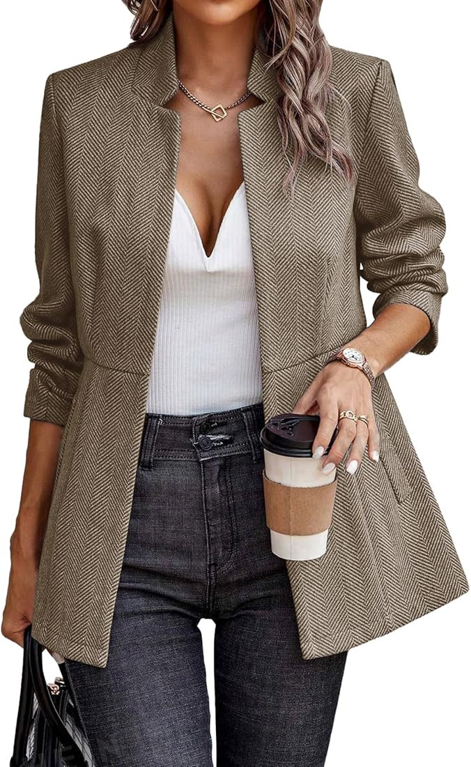 ELLEVEN Blazers for Women Business Casual Open Front Suit Jacket Herringbone Long Sleeve Stand Co... | Amazon (US)
