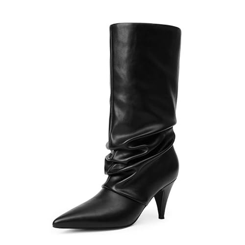 Modatope Slouchy Mid Calf Boots for Women Pointed Toe Chunky Heel Boots Faux Flod Over Slip on Wo... | Amazon (US)