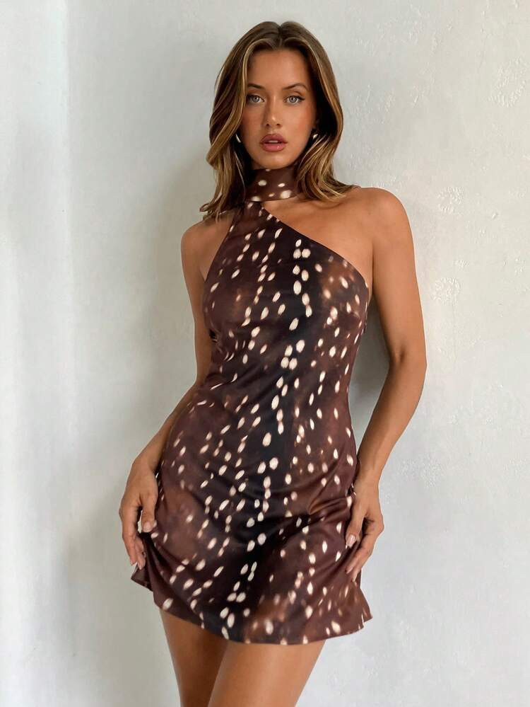 Aloruh Christmas Deer Print Halter Neck Mini Dress,Y2K,Elegant Birthday Party Mini Dress,Music Festival Concert Short Dress,Animal Print Sexy Dress,Vacation Outfits Women,Dress For Holidays,Casual Women Outfits,Summer Dresses For Women,Commuter Dress,Spring Break Outfits | SHEIN