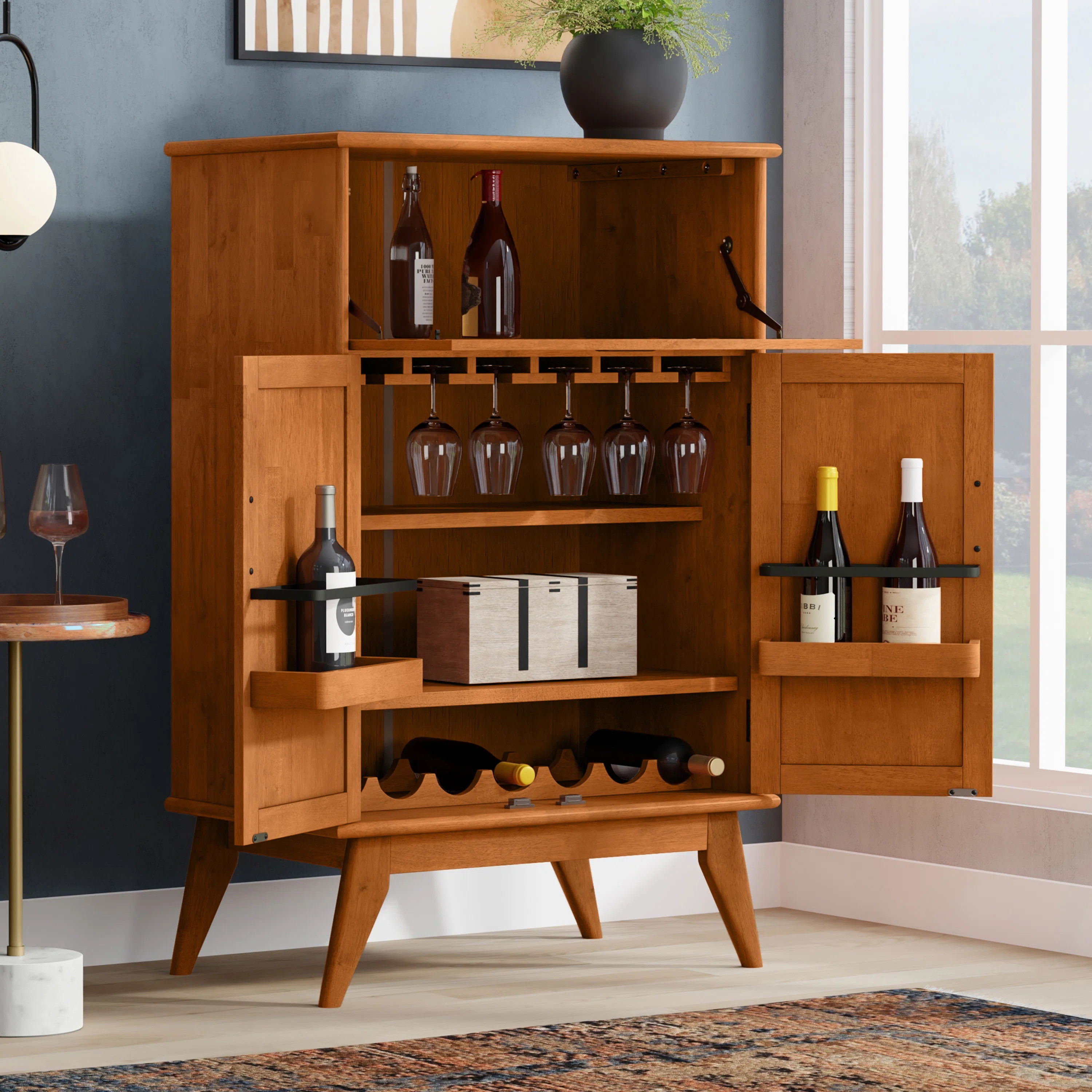 Draper 32"W Solid Hardood Mid Century Bar Cabinet with Bottle Storage, Stemware Rack and Metal Ba... | Wayfair North America