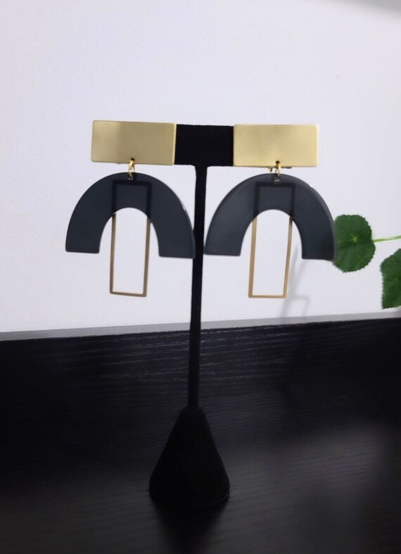 Non-pierced Black Clip on Long Gold Brass Semi Circle Rectangle Boho Minimalist Casual Unique Sum... | Etsy (US)