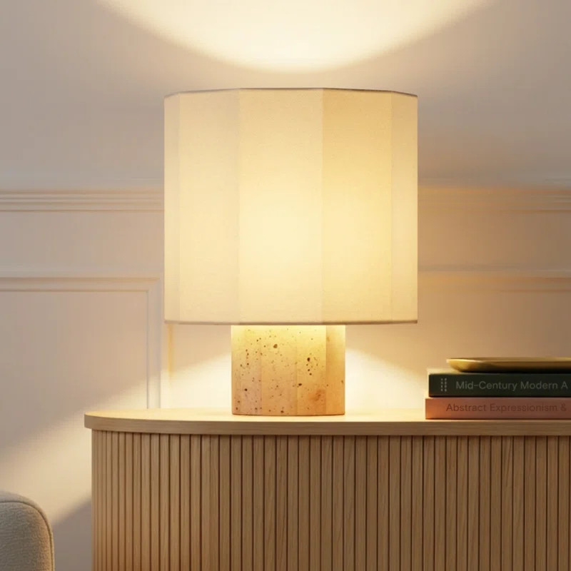 Cleo 10" Travertine Stone LED Table Lamp With Geometric Cream Cotton Shade | Wayfair North America