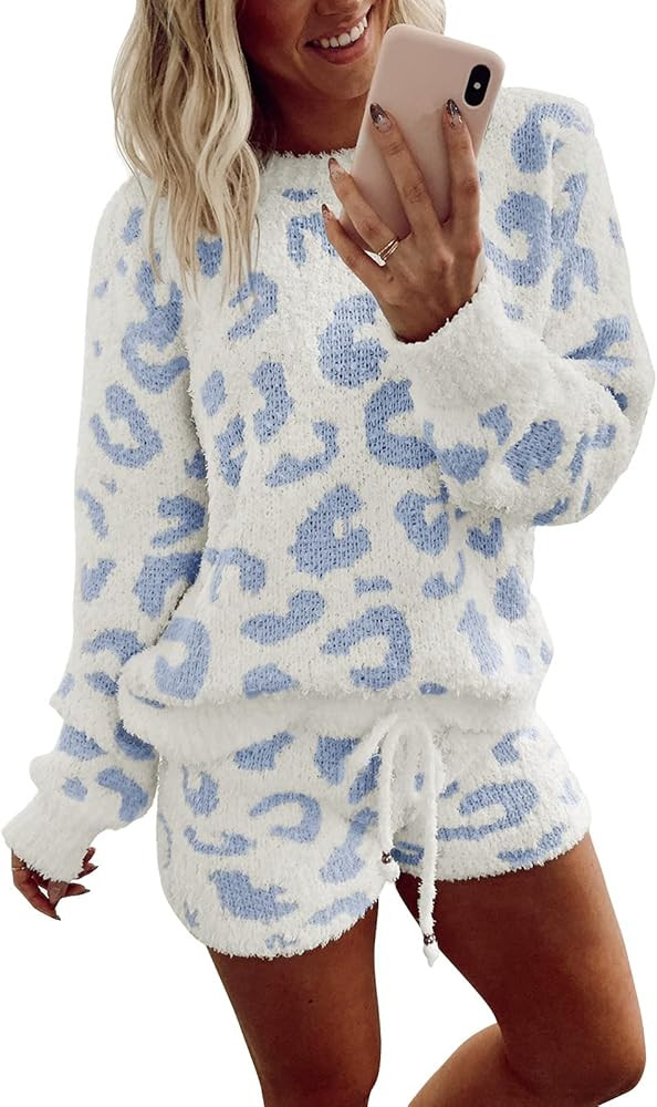 YORGOS Women's Fuzzy Fleece Leopard Loungewear Sets 2 Piece Soft Pajamas Sweater Top Shorts Set Outf | Amazon (US)