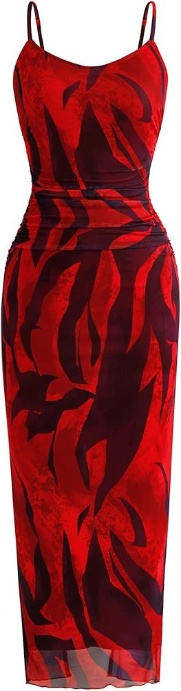 PRETTYGARDEN Women's Floral Maxi Dress 2025 Summer Spaghetti Strap Ruched Mesh Bodycon Wedding Gu... | Amazon (US)