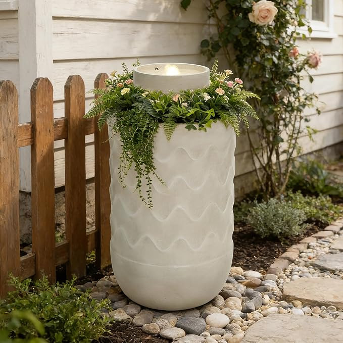 LuxenHome 27" Outdoor Fountain with Planter, Resin Water Fountain Outdoor with LED Light, Garden ... | Amazon (US)