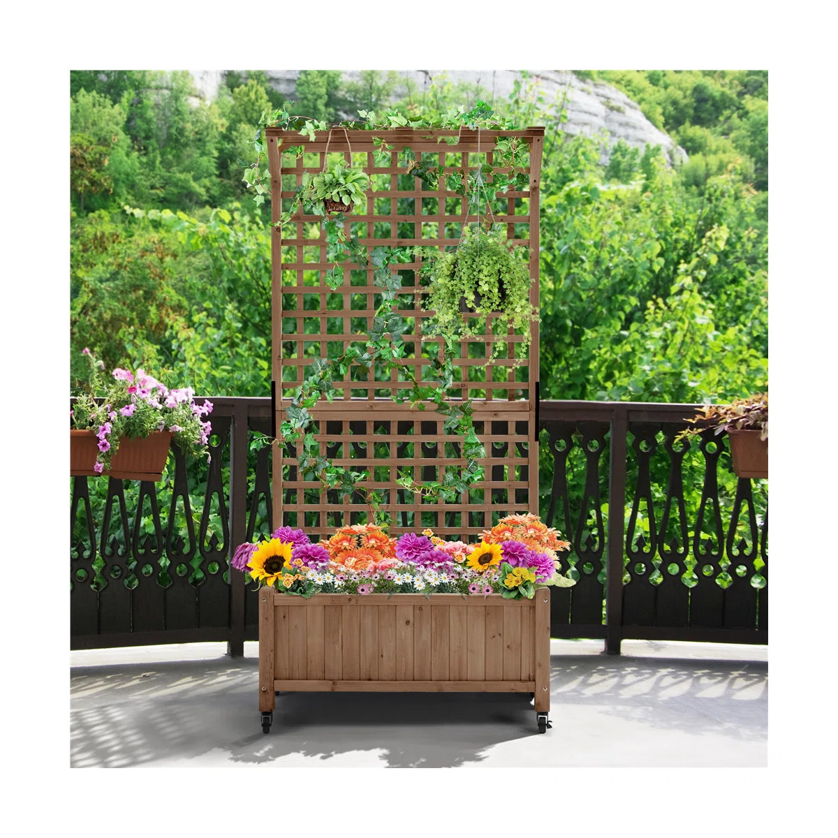 Yanine Handmade 75″ H Fir Wood Planter Box with Trellis and Wheels | Wayfair North America