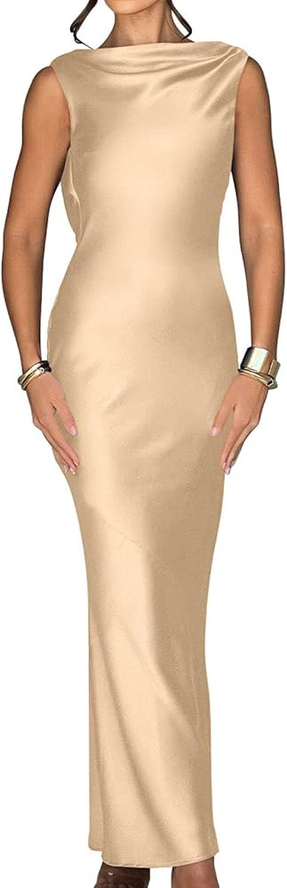 Memoriesea Women's Elegant Sleeveless High Neck Tie Cocktail Wedding Party Maxi Dress | Amazon (US)