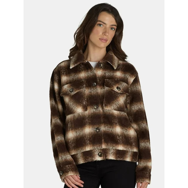 Time and Tru Women's Cropped Plaid Button Down Shacket, XS-XXXL | Walmart (US)