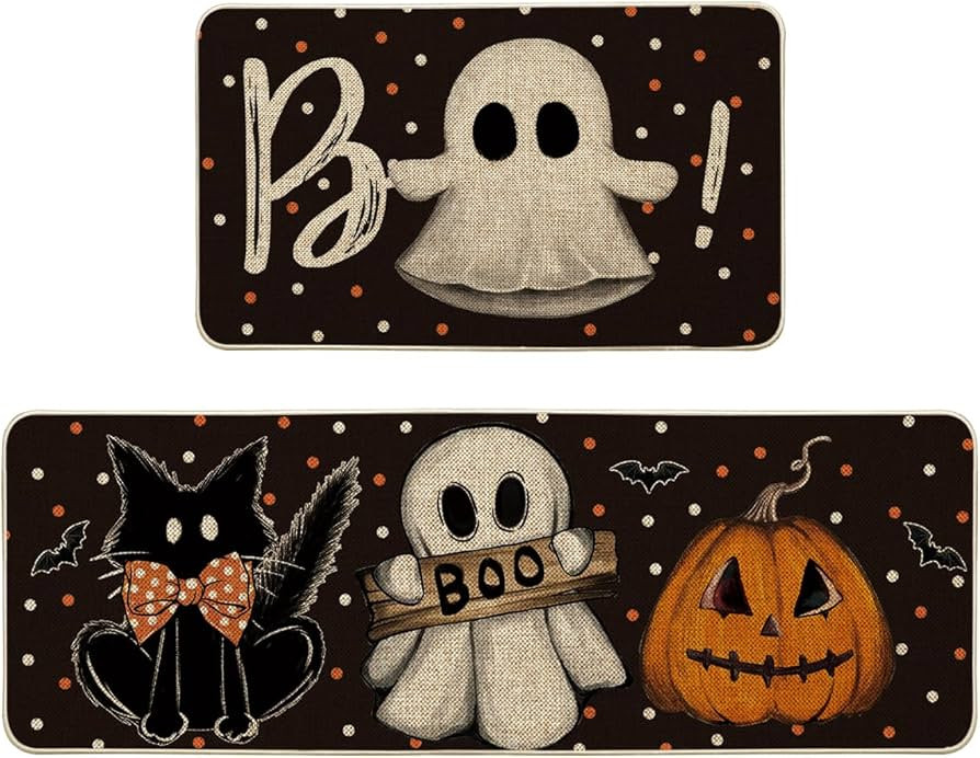 Artoid Mode Bats Black Cats Boo Pumpkin Halloween Kitchen Mats Set of 2, Home Decor Low-Profile K... | Amazon (US)