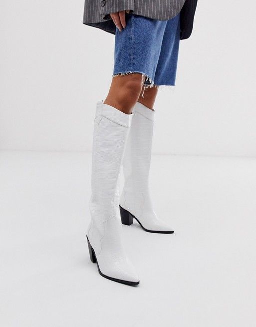 ASOS DESIGN Catch Up western pull on knee boots in white croc | ASOS US