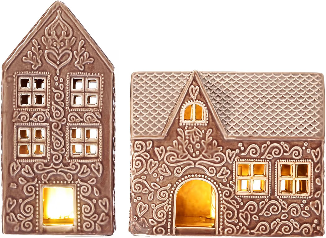 WDS WONDROUS Christmas Decorations Gingerbread House Decor, Set of 2 Ceramic Light Up Gingerbread... | Amazon (US)