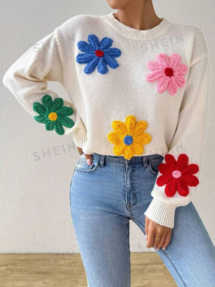 SHEIN Essnce Multicolor Floral Cute Pullover Sweater | SHEIN