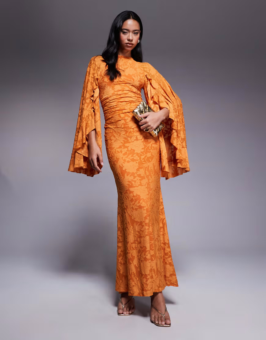 ASOS DESIGN – Modesty – Maxikleid aus Ausbrenner-Stoff in Orange mit sehr weiten Ärmeln und tiefer Taille | ASOS (Global)