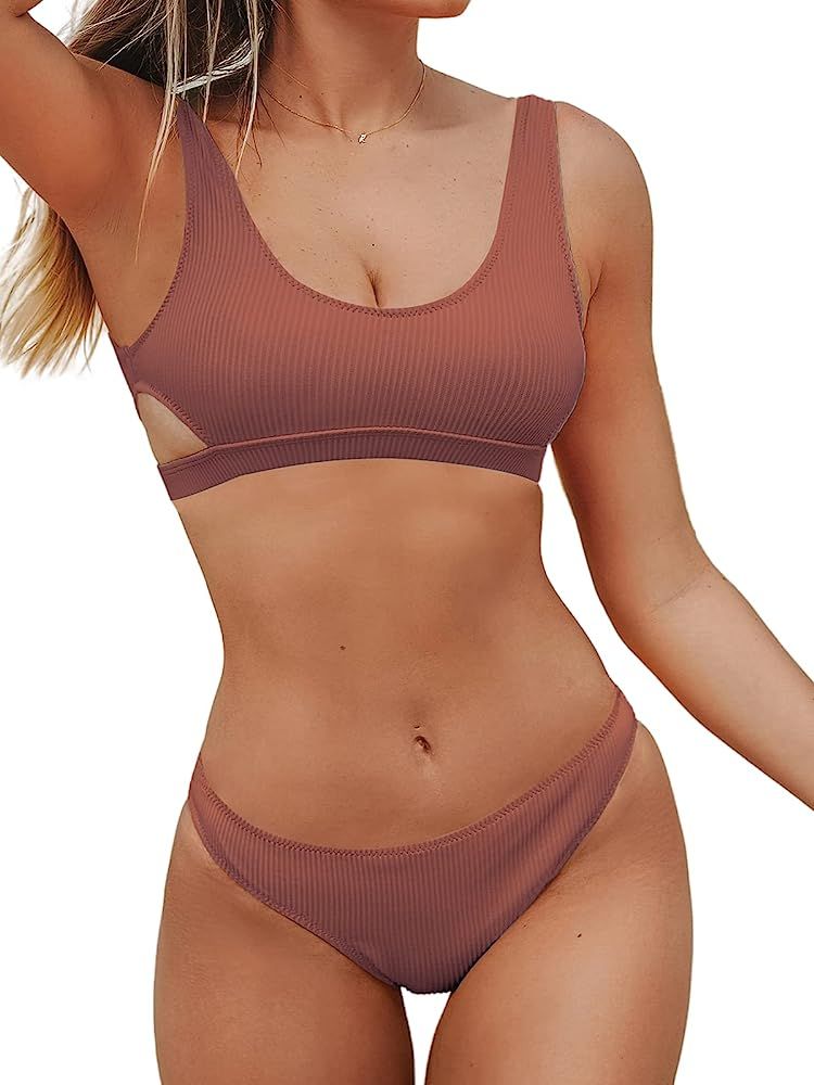 CUPSHE Women Swimsuit Bikini Set Two Piece Ribbed Texture Side Cutout Tank Top Mid Rise Bathing S... | Amazon (US)