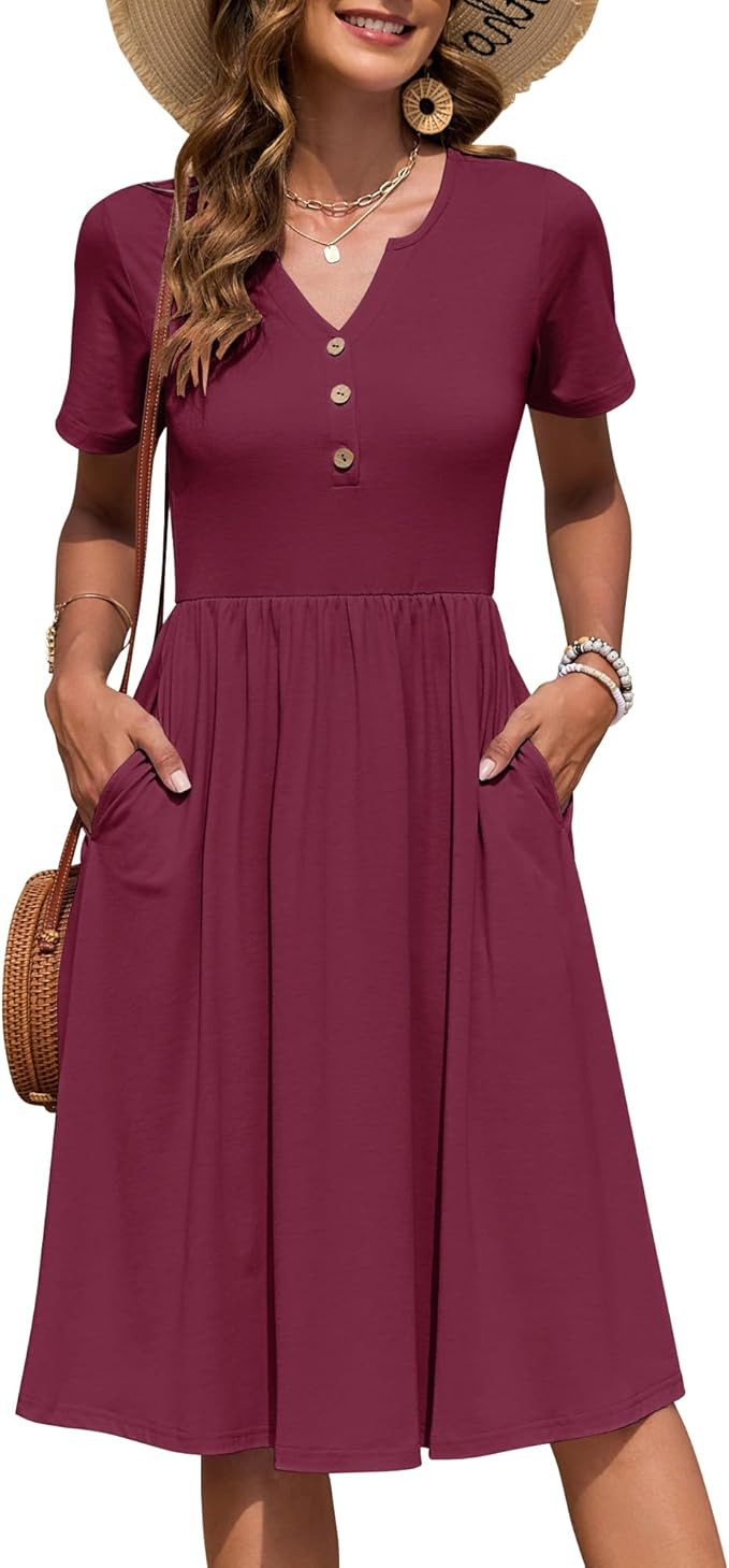 WNEEDU Women Summer Dresses Short Sleeve Casual Loose Swing Button Down Dress Elastic Waist Sundr... | Amazon (US)