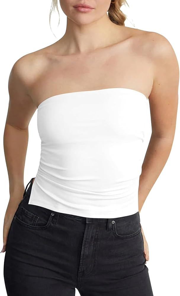 Womens Tube Top Sexy Strapless Crop Top Cute Summer Bandeau Side Slit Sleeveless Going Out Sexy Y... | Amazon (US)