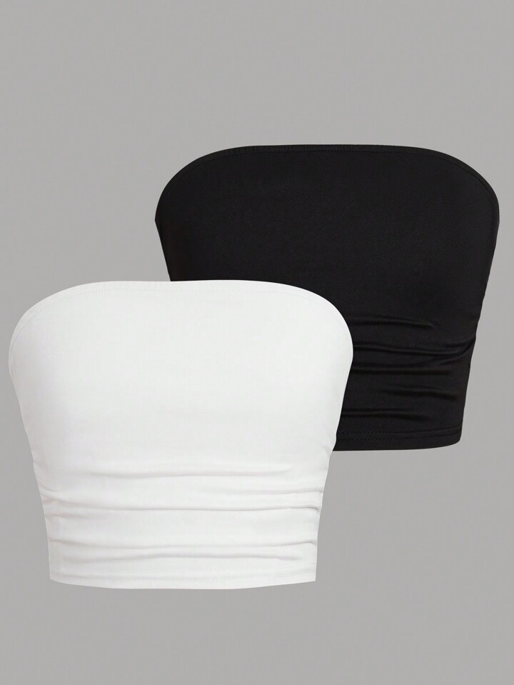 2pcs Tween Girl Backless Cami Tank Top, White And Black, Solid Color, Versatile, Cropped, Body-Hugging, Ruched, Strapless, Thin Bandeau Camisole Can Be Worn Outerwear Tube Top Strapless Top Babydoll Tube Top Strapless Bra | SHEIN