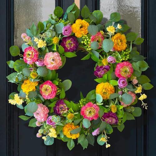 Spring Wreaths for Front Door 24 Inch Outdoor Spring Wreath with Peony Rose Ranunculus & Eucalypt... | Amazon (US)