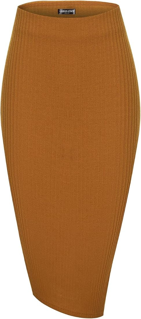 Urban CoCo Elastic High Waist Knee Length Pencil Skirt Ribbed Knit Basic Tube Midi Skirt | Amazon (US)