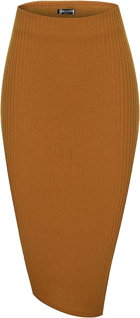 Elastic High Waist Knee Length Pencil Skirt Ribbed Knit Basic Tube Midi Skirt | Amazon (US)