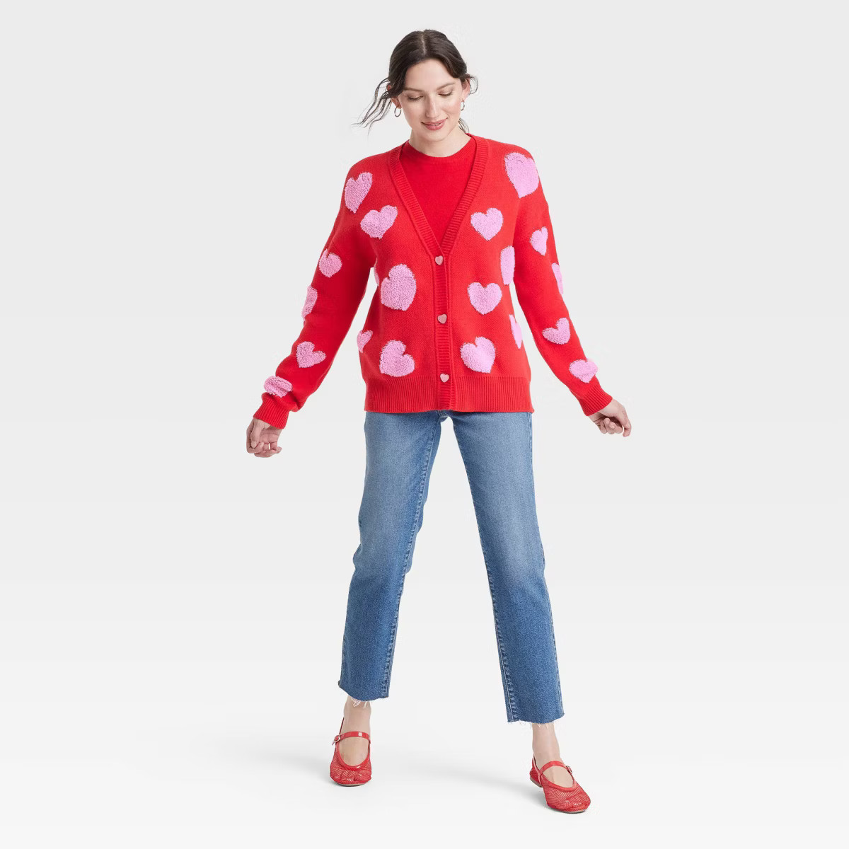 Women's Valentine's Day Pink Hearts Graphic Cardigan - Red | Target