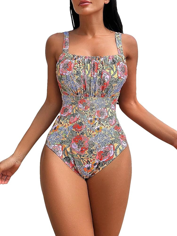 WDIRARA Women's Floral Print One Piece Swimsuit Ruched Bust Backless Swimwear Bathing Suit | Amazon (US)