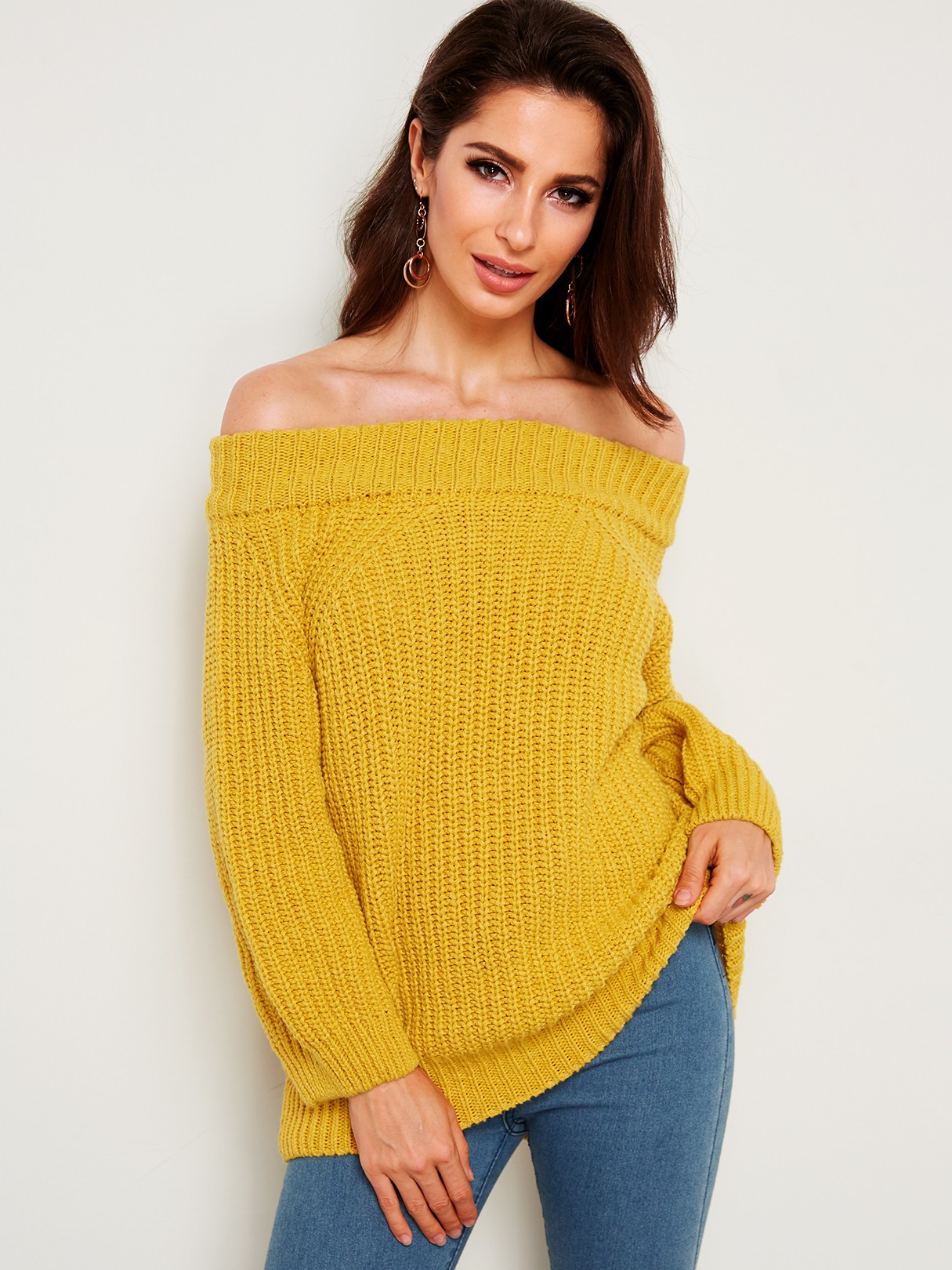 Yellow Plain Off The Shoulder Long Sleeves Sweaters | YOINS