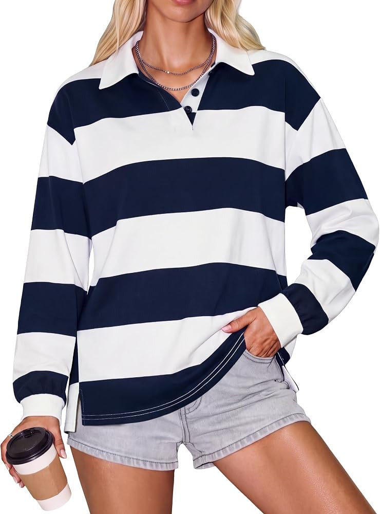Blooming Jelly Womens Striped Polo Shirts Oversized V Neck Long Sleeve Tops | Amazon (US)