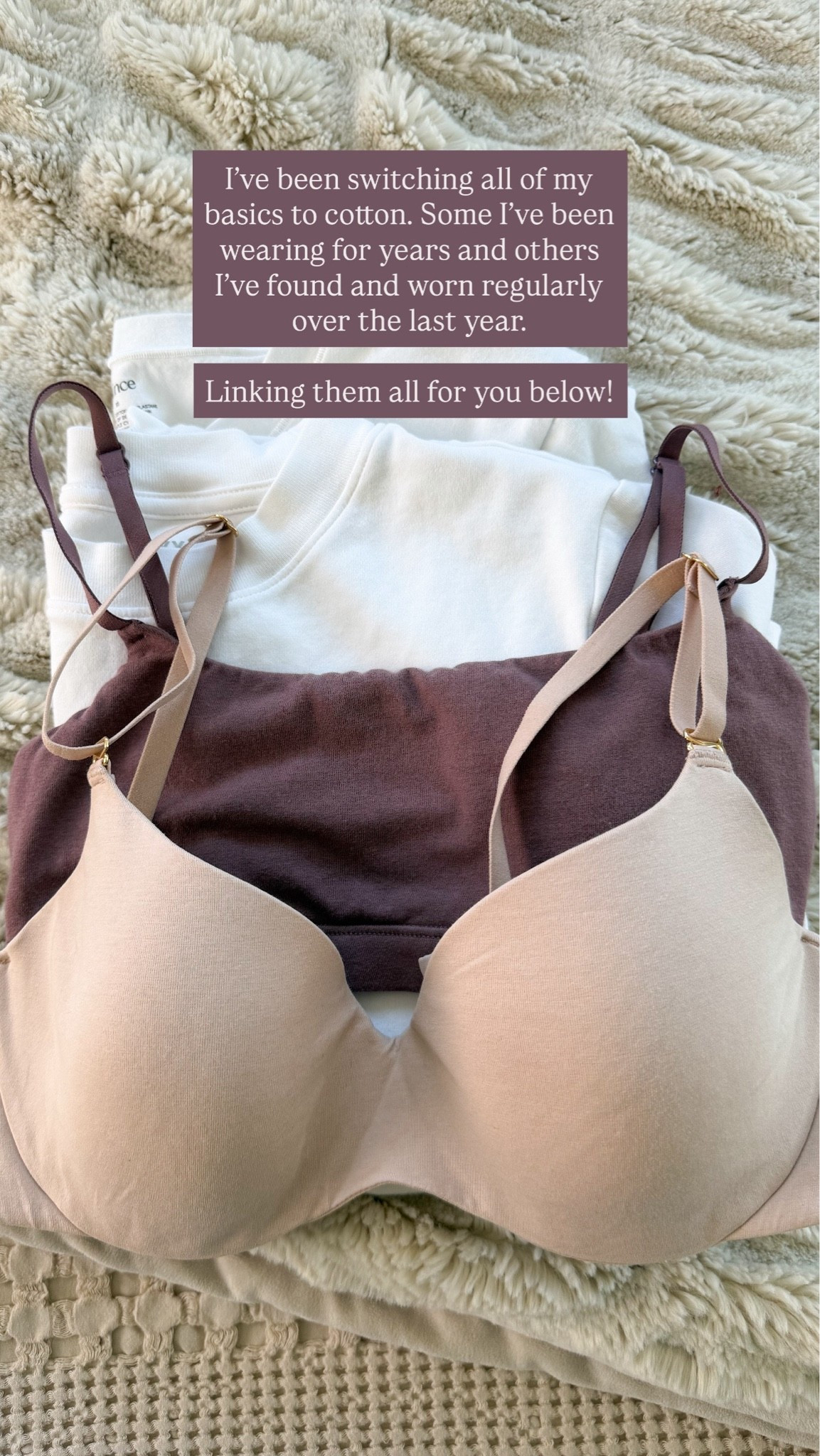 Sharing the cotton basics I wear regularly! 

Cotton scoop bra (Organic Basics): xs (I wear a 32 b/c) 
Underwire bra (Third Love): true to size 
Cotton boxy t-shirt (Old Navy): petite xs  
Long sleeve top (Quince): xs 
Camisole (Pact): xs 
Camisole (Kohl’s): small (the website says poly on this one but the tag on the white ones I buy say cotton and spandex no poly)
Bamboo slip (boody): small
Undies (both brands): small

*I don’t actually know what material the socks are 😂 but they’re two I buy and wear regularly and since I was doing basics I included them.

#LTKPetite