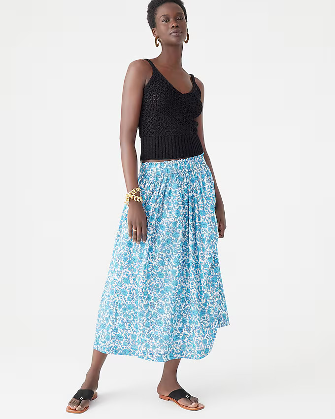 Smocked-waist cotton voile midi skirt in blue blooms block print | J. Crew US