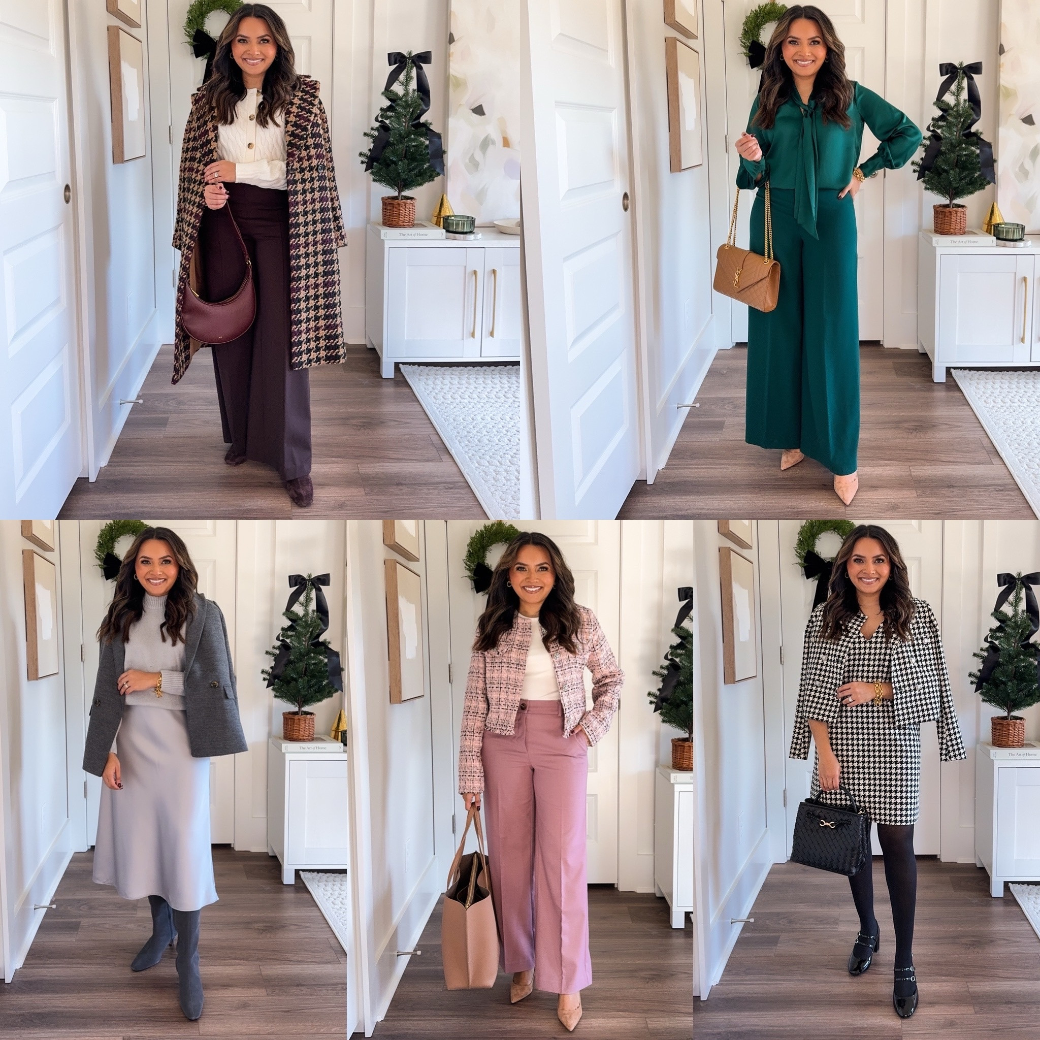 Brown camel plaid coat  size xxs petite TTS
White ribbed top size xs TTS
Brown flare pants size 2 petite TTS

Green satin top size xxs petite TTS
Green wide leg pants size 2 petite TTS
Tan suede heels size 5 TTS

Grey blazer size 00 petite TTS - size up if you want to button over sweaters
Grey satin skirt size small petite - usually size 2/26 in bottoms, the small petite is a great fit for me
Grey boots size 5.5 TTS

Pink tweed jacket size xs TTS 
White ribbed top size xs TTS
Pink rose wide leg pants - wearing size 2 petite, snug in the waist, I recommend sizing up a size
Tan suede heels size 5 TTS

Houdstooth jacket size xxs petite TTS
Houndstooth dress size 0 petite TTS
Black Mary Jane heels size 5.5 TTS

Workwear
Winter office outfits
Petite pants
Petite style
Winter outfits
Winter style
Cold weather outfit
Honey Sweet Petite
Honeysweetpetite


#LTKSaleAlert #LTKCyberWeek #LTKWorkwear