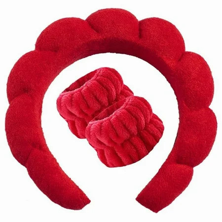 Red Bubble Headband for Washing Face, Makeup headband,Sponge Spa Skincare Headbands,Soft Fluffy Hairband for Women Girls with Wrist Towels for Wash Face | Walmart (US)