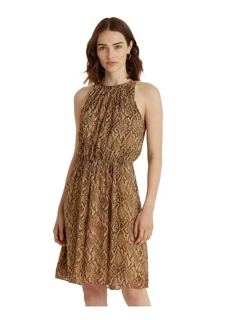 RALPH LAUREN Womens Brown Pleated Sheer Lined Back Keyhole Animal Print Sleeveless Halter Above T... | Walmart (US)