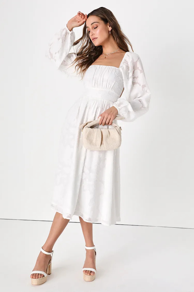 Flirtatious Nature White Floral Jacquard Lace-Up Midi Dress | Lulus (US)