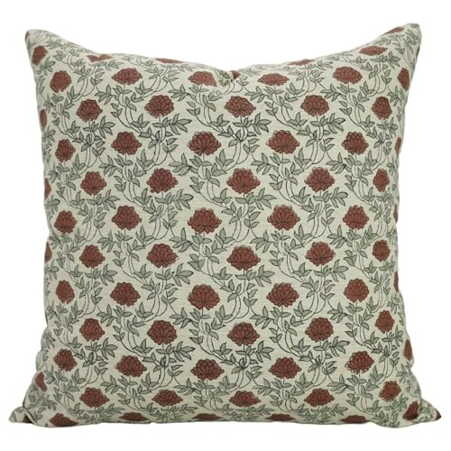 Fabritual Floral Handmade Block Print Linen Blend 18X18 Inches Throw Cushion Cover, Indoor, Home Decor, Farmhouse Pillowcase, Decorative for Sofa, Couch, and Bed, Fall Decoration, Khoobsurat, Red | Amazon (US)