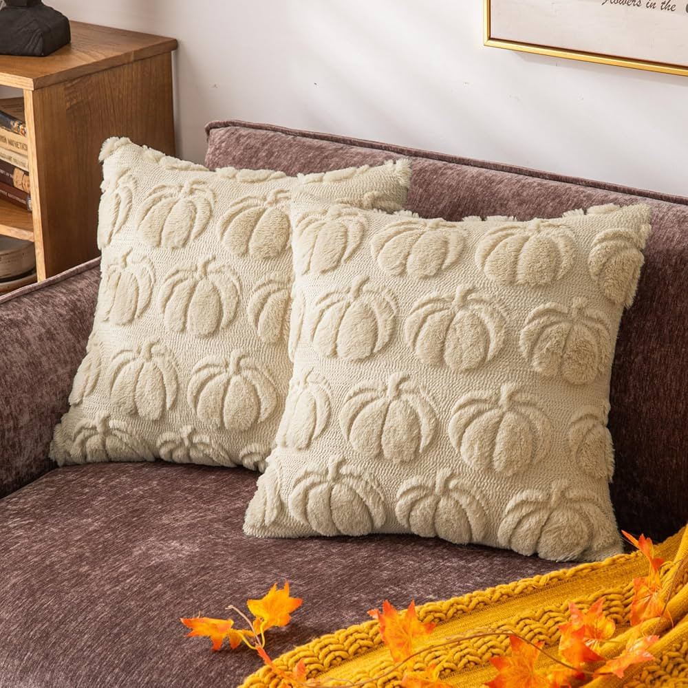Beige Pumpkin Fall Decorative Throw Pillow Covers 18"x18", Set of 2 Soft Faux Fur Pillow Covers f... | Amazon (US)