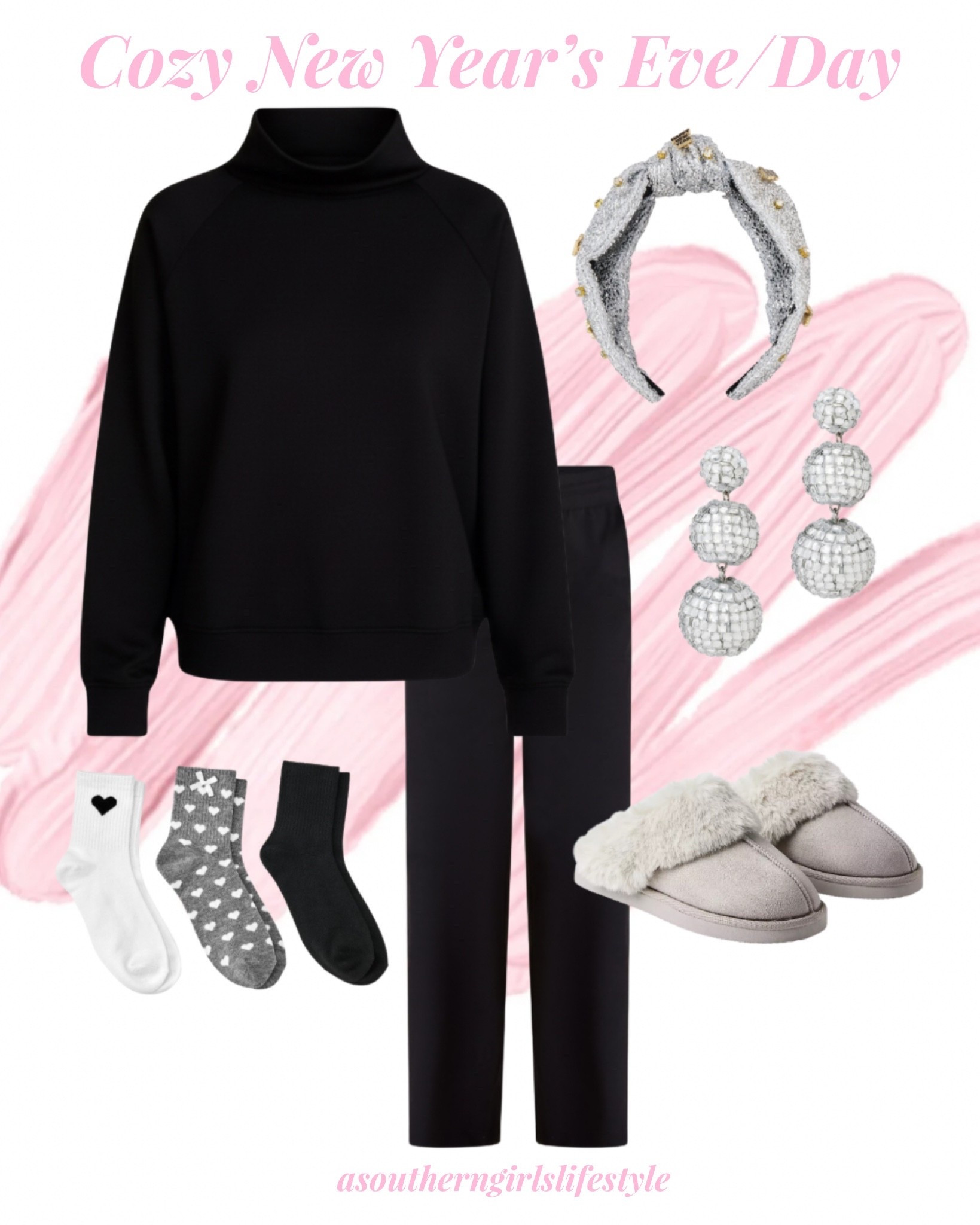 Comfy Cozy New Year’s Eve/Day Outfit - most items are on Sale

Scubasoft Mock Neck Drawstring Hem Top, Scubasoft Side Slit Straight Leg Pants, New Years Embellished Rhinestone Knot Headband, Disco Ball Drop Earrings, Heart Ribbed Socks & Faux Fur Lined Slippers

Winter Outfit. New Year’s Eve Outfit. New Year’s Day Style. Holiday Outfits Women 

#LTKSaleAlert #LTKSeasonal #LTKHoliday