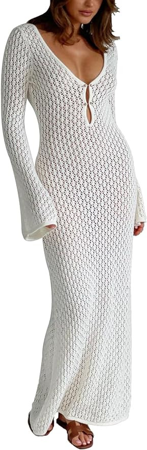 Leoparts Crochet Swimsuit Cover Up for Women Sexy V Neck Hollow Out Backless Maxi Dress Beach Bik... | Amazon (US)