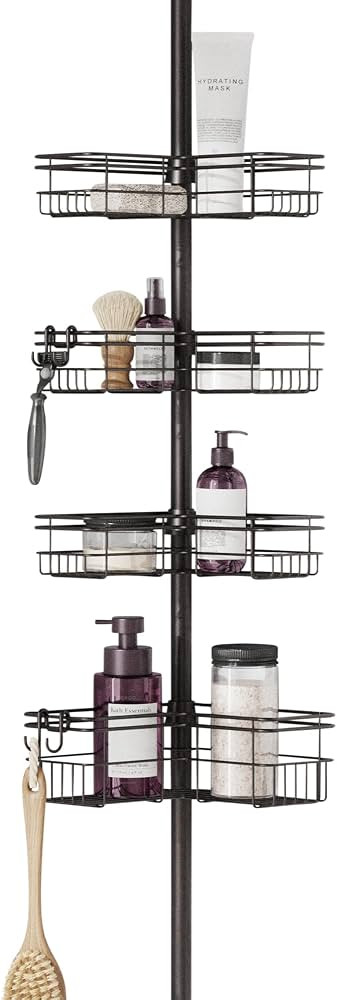 Zenna Home Tension Pole Shower Caddy with 4 L-Shaped Shelves with Hooks, Bronze, 60-97 Inch – R... | Amazon (US)