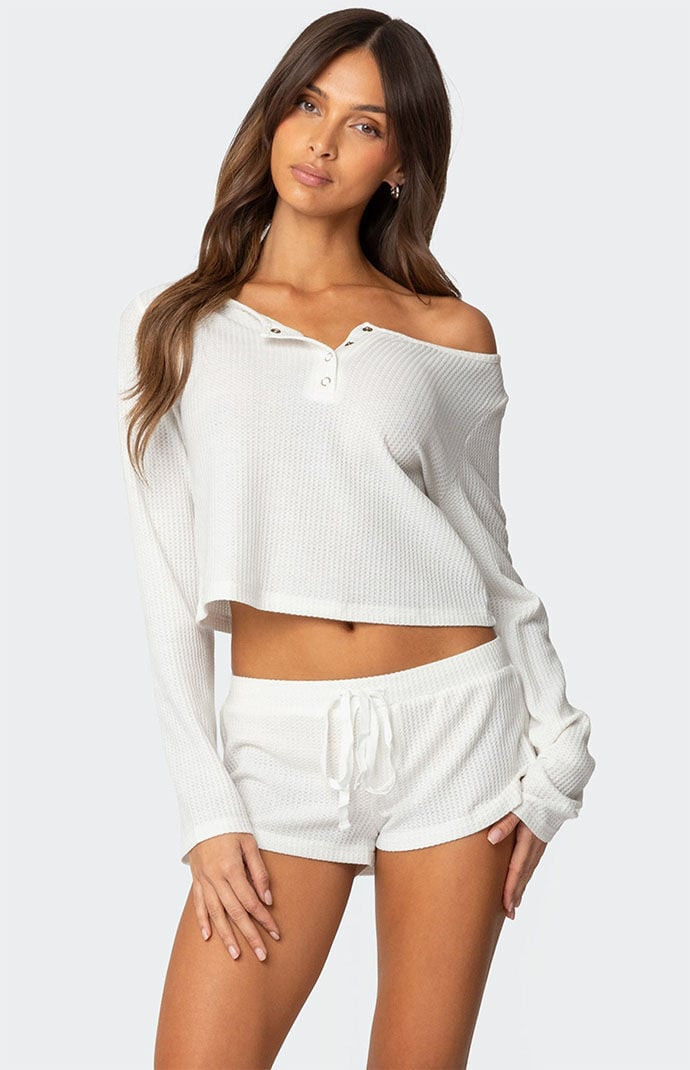 Edikted Women's Teddy Cropped Waffle Top in White - Size Medium | PacSun