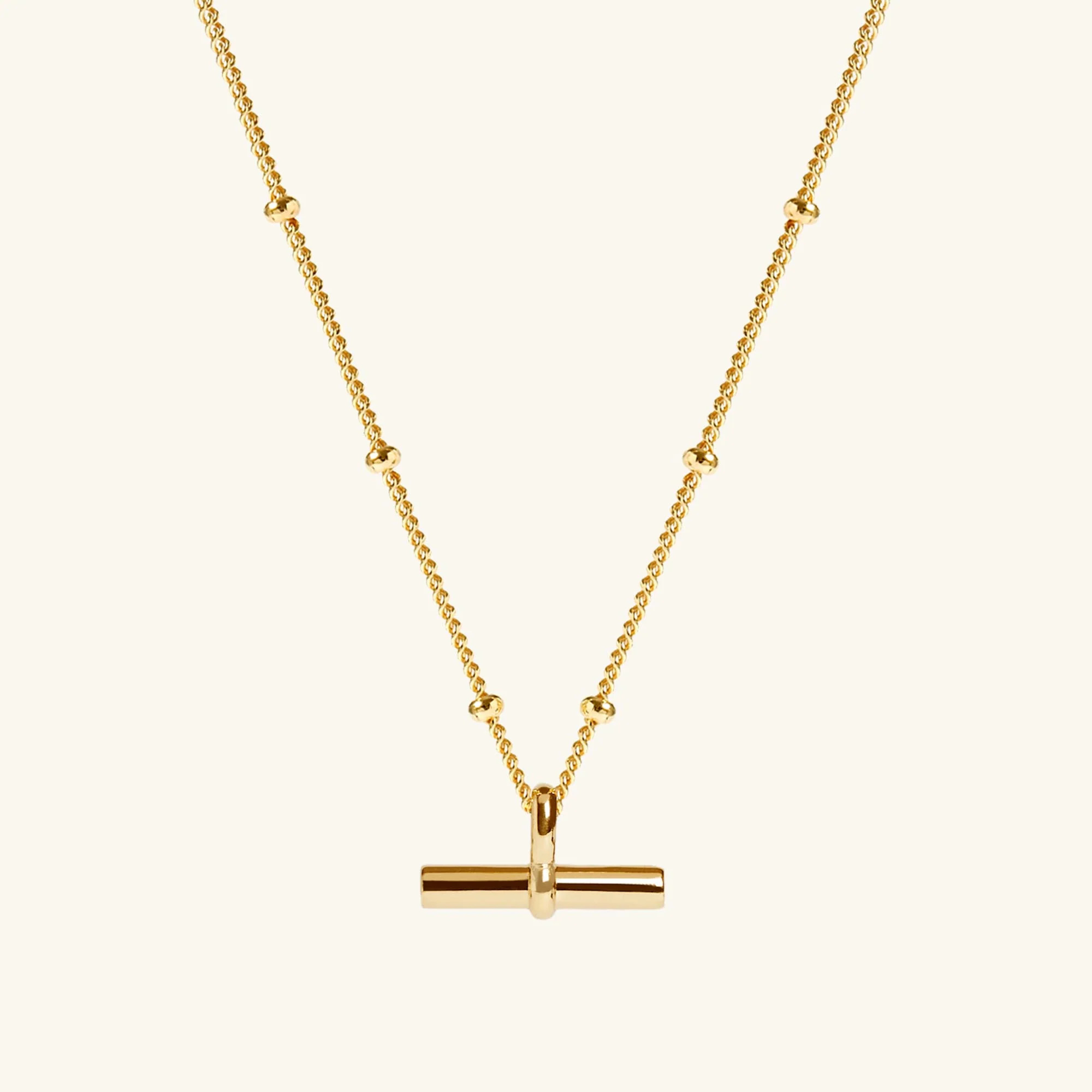 T-Bar, 18ct Gold-Plated Vermeil On Sterling Silver, Women's Necklace with Bead Chain | Muru Jewellery.