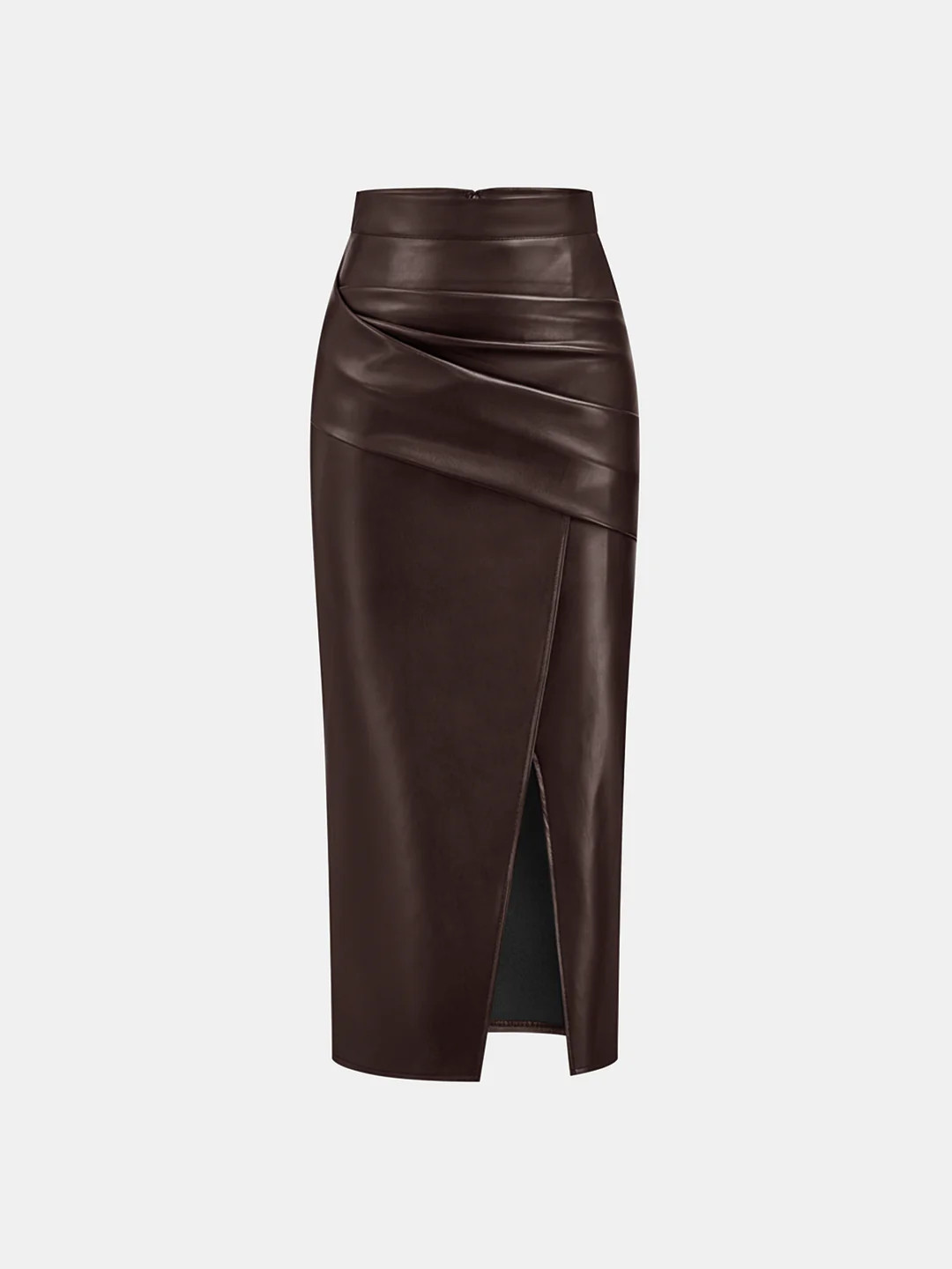 Ruched Slit PU Leather Midi Skirt | Commense